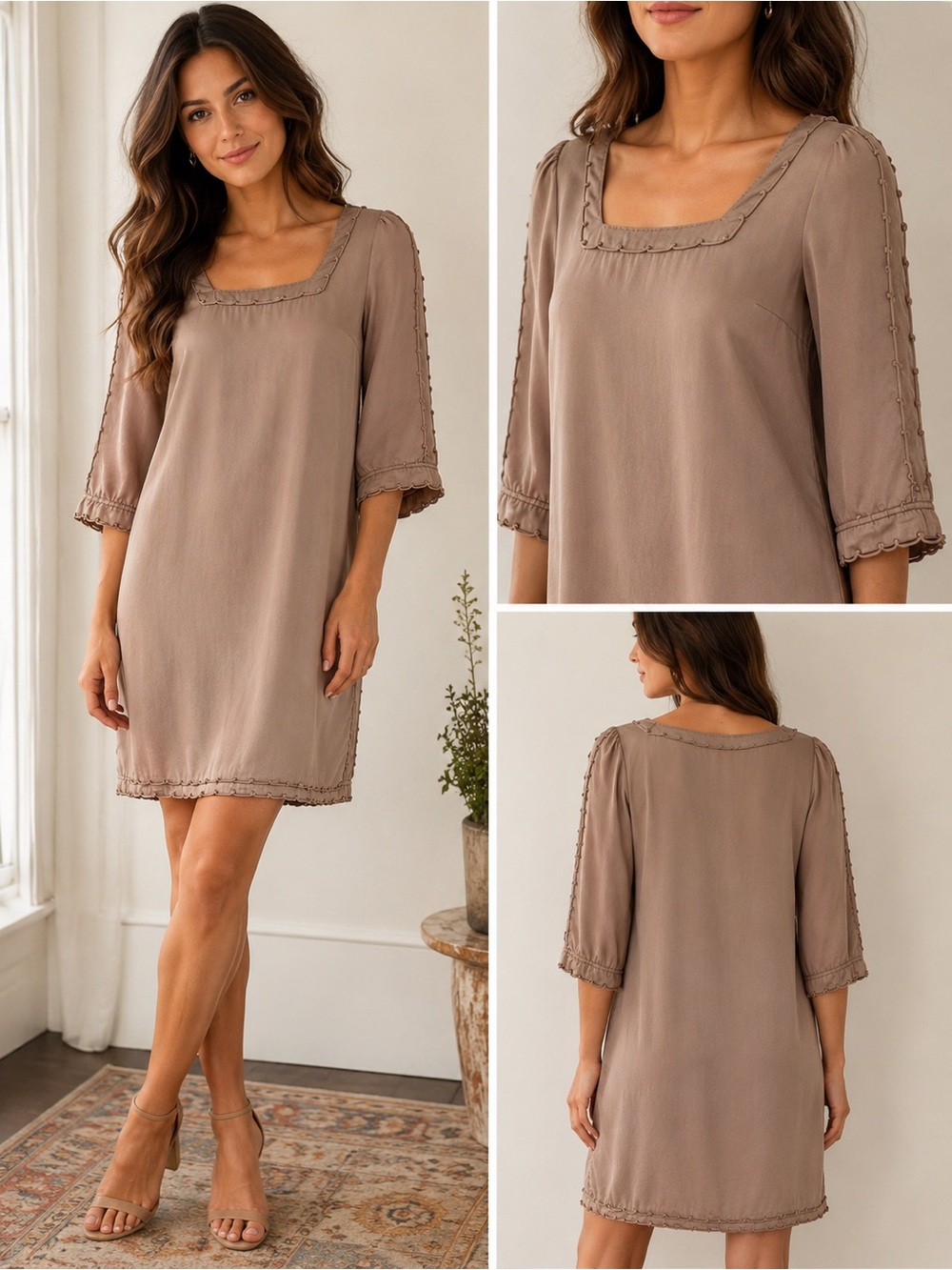 Elie Tahari Vintage Satin Taupe Shift Dress Loop Trim 3/4 Sleeve S